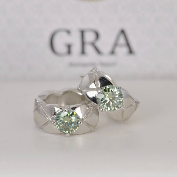 Certified 1ct Blue Green Moissanite Hoop Earrings 925 Sterling - Picture 3 of 8